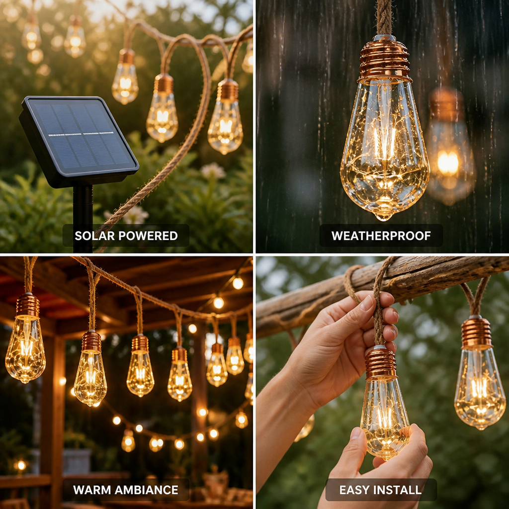 Solar-Powered Hemp Rope Outdoor String Lights (IP55 Waterproof)