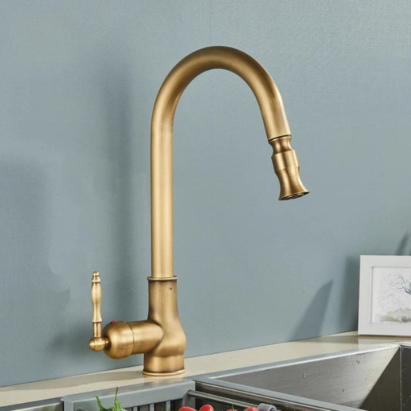 Adjustable Spout Kitchen Faucet in Antique Brass with Sturdy Build
