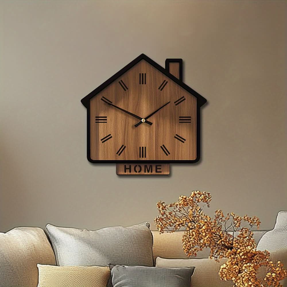 Rustic Wooden Wall Clock in House Shape