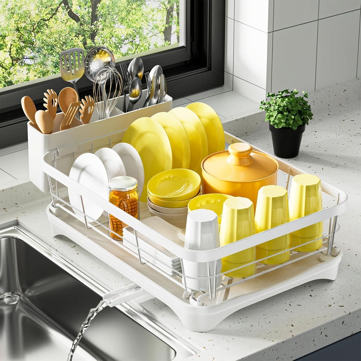Stylish Dish Drying Rack with Utensil Holder in Black