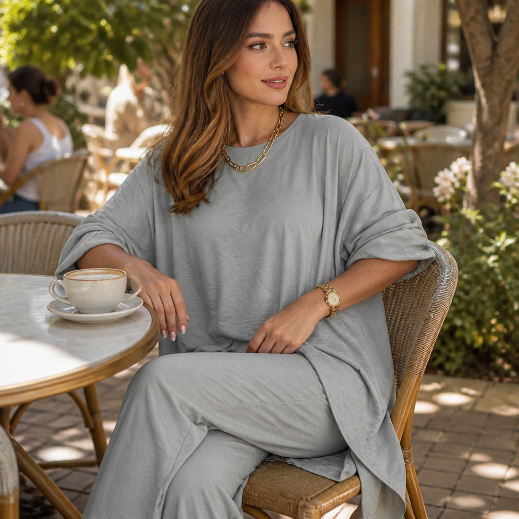 TrueStyle™ – Laid-Back Two-Piece Set Featuring Asymmetric Hem & Wide-Leg Trousers