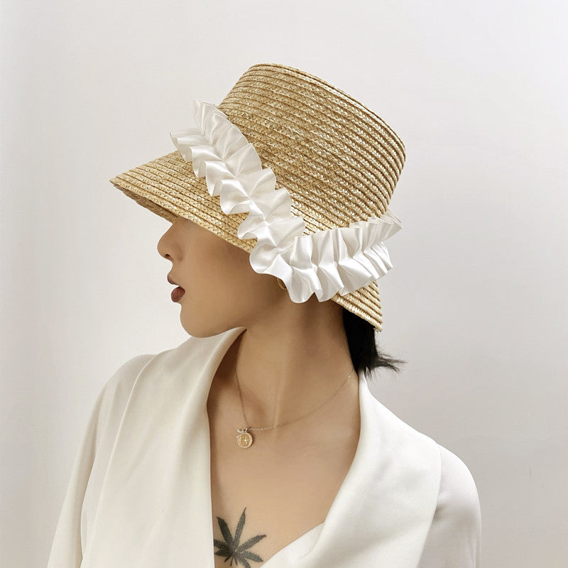 Wide Brim Straw Hat with Ruffled Trim – UV Defense