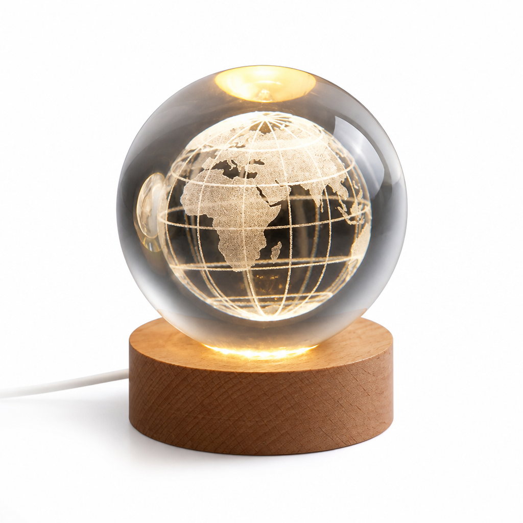 3D Engraved Glass Globe LED Night Light (USB-Powered)
