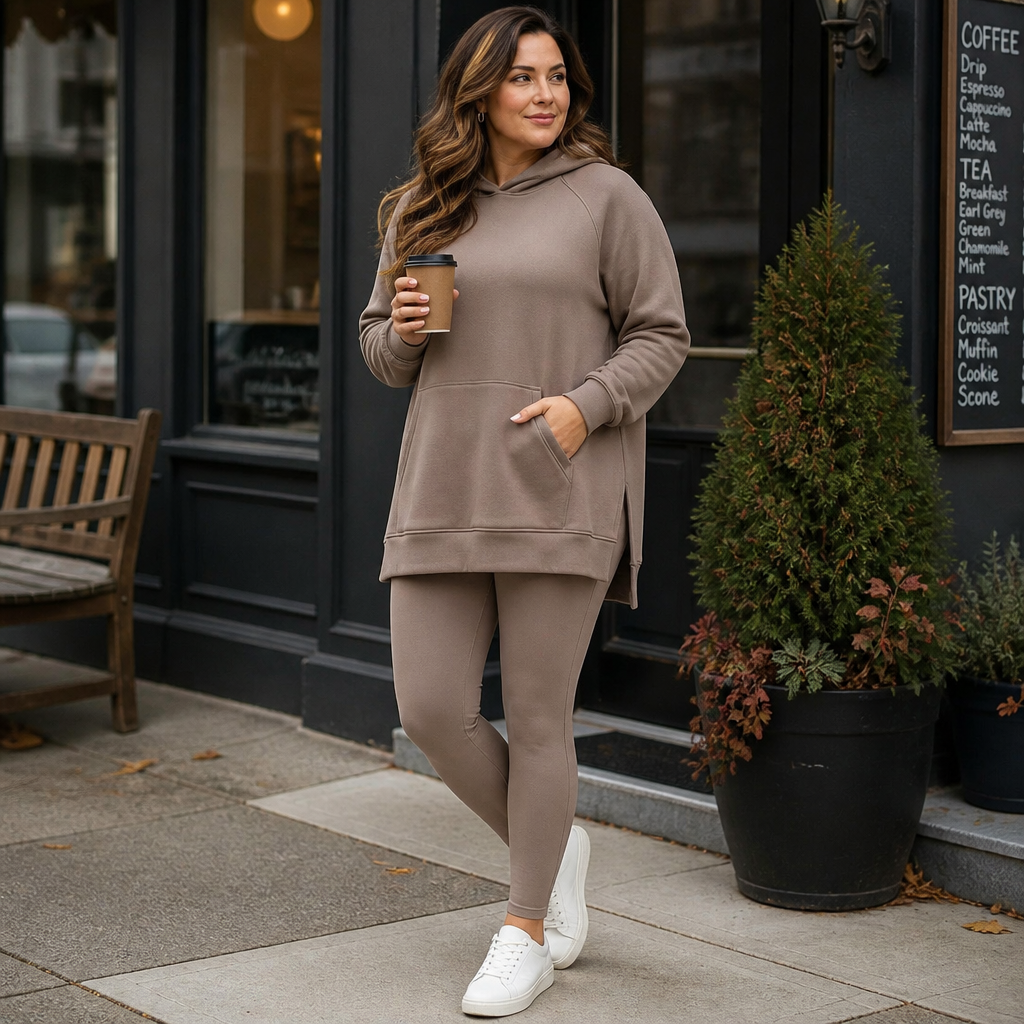 GlowFlex™ – Comfy Hooded Tunic & High-Rise Leggings Set