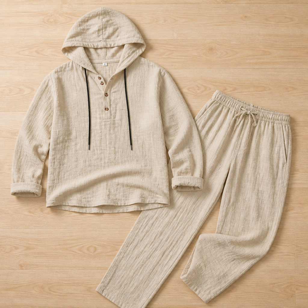 VeloShift™ – Relaxed Linen-Blend Hooded Set with Button Henley Top