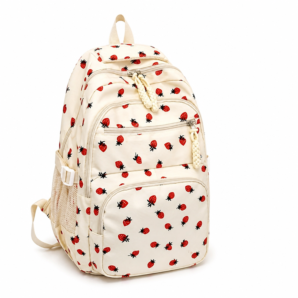 Strawberry-Print Large-Capacity Backpack