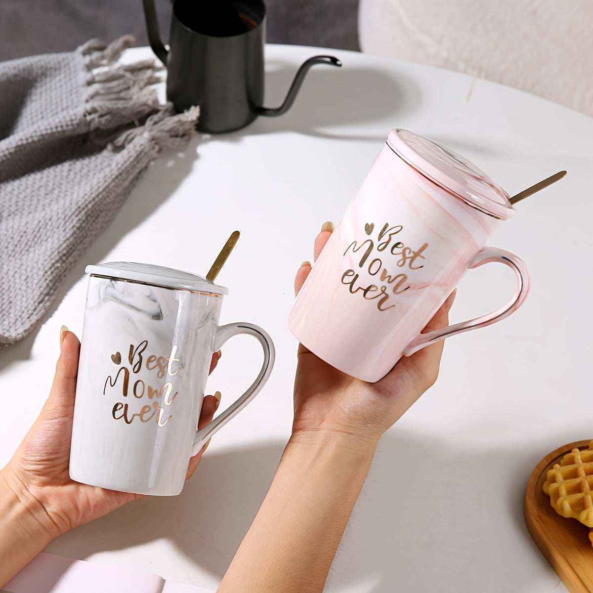 Marble-Patterned Coffee Mug with Lid and Spoon