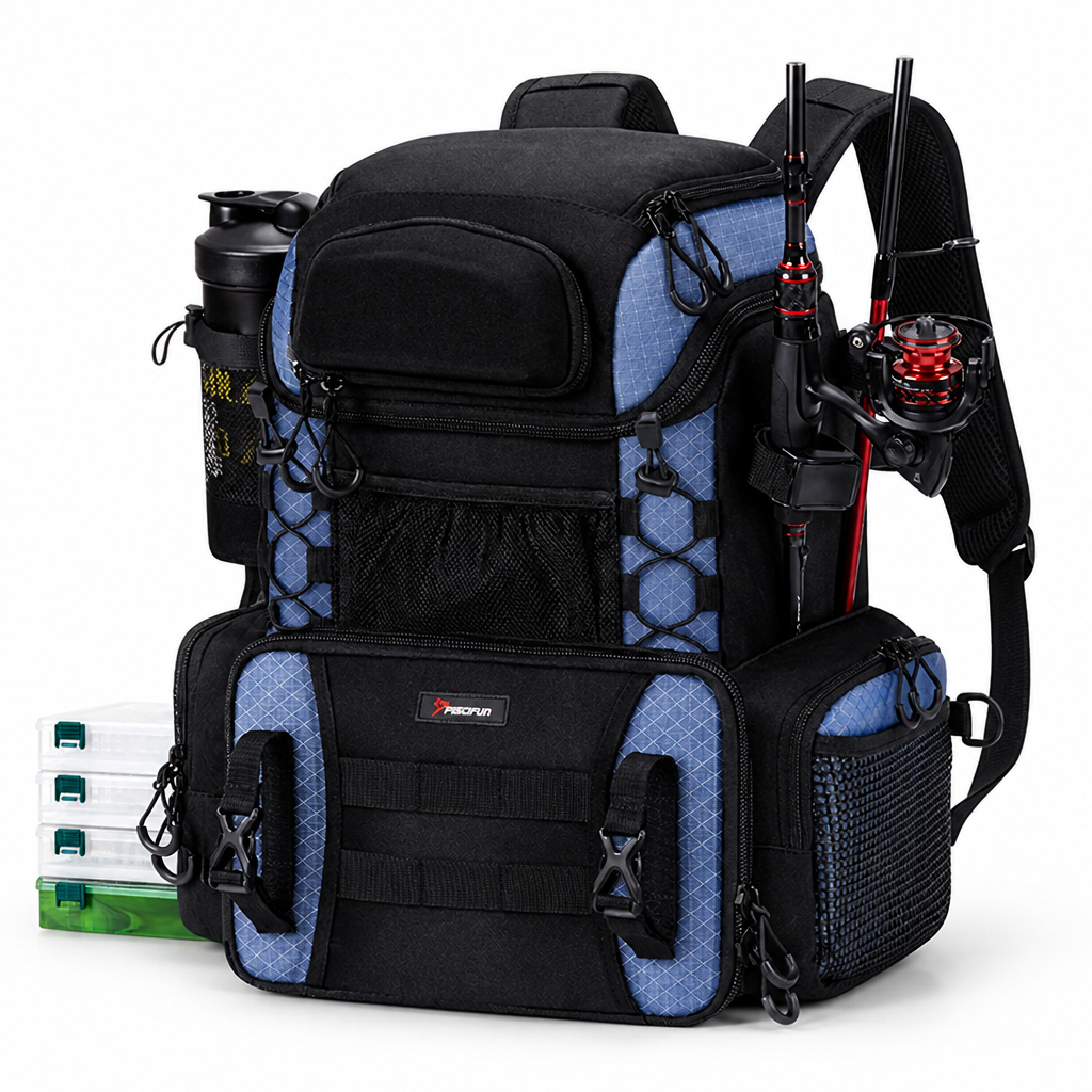 Rod Holders & Ergonomic Fishing Tackle Backpack (Includes 4 Utility Boxes)