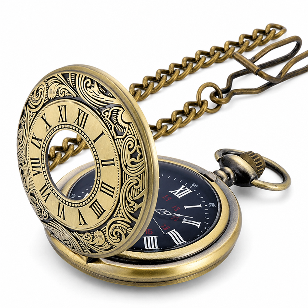 Vintage Roman Numerals & Quartz Pocket Watch (Chain Included)