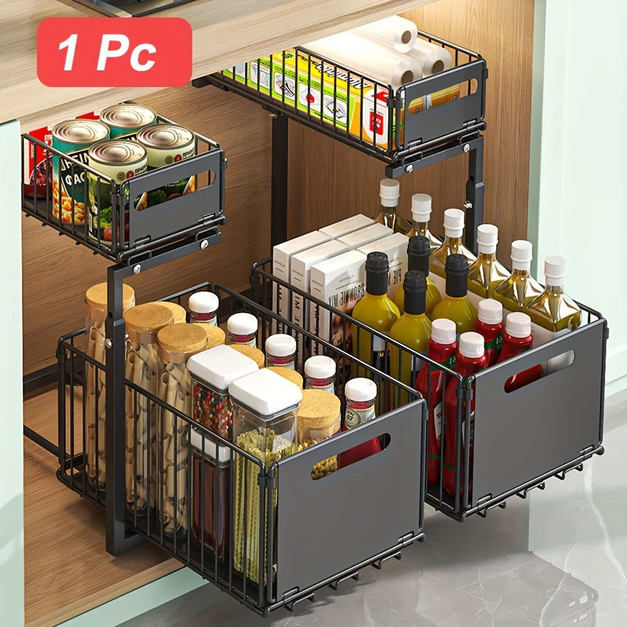 Two-Tier Cabinet Organizer with Extendable Carbon Steel Design