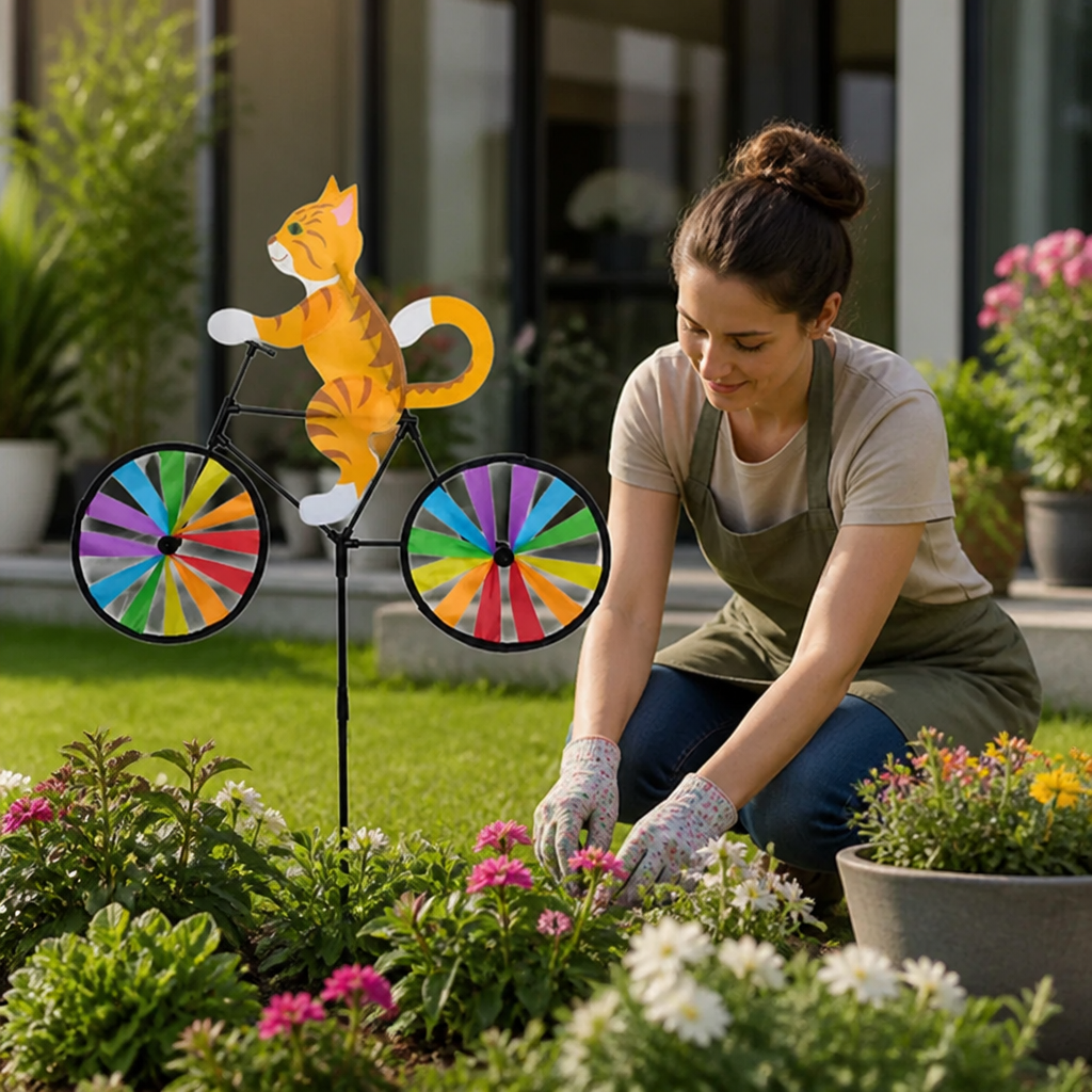 Hand-Painted Weatherproof Spinning Garden Windmill Stake (Cat Figurine)