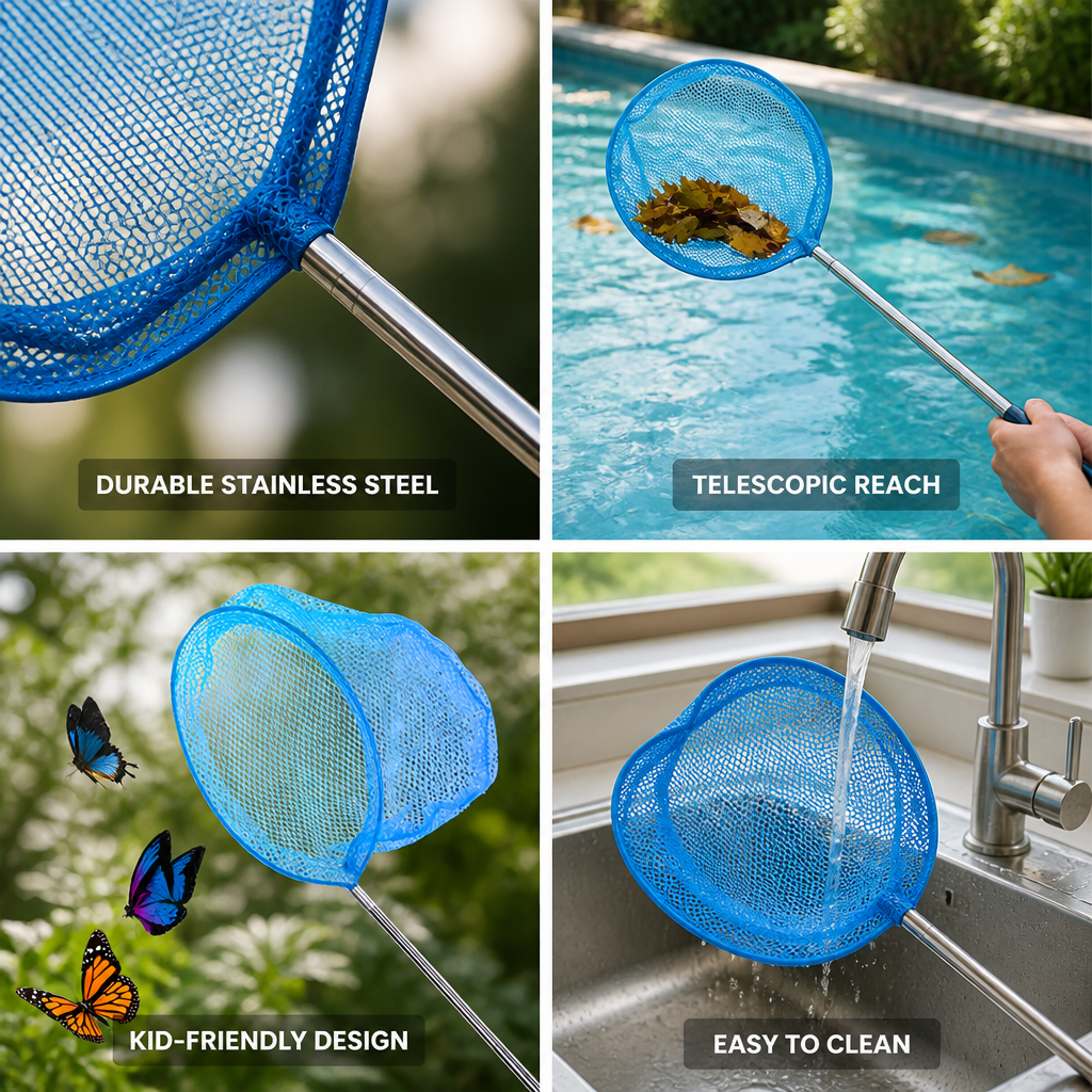 Stainless Steel Fine-Mesh Telescopic Pool Skimmer Net