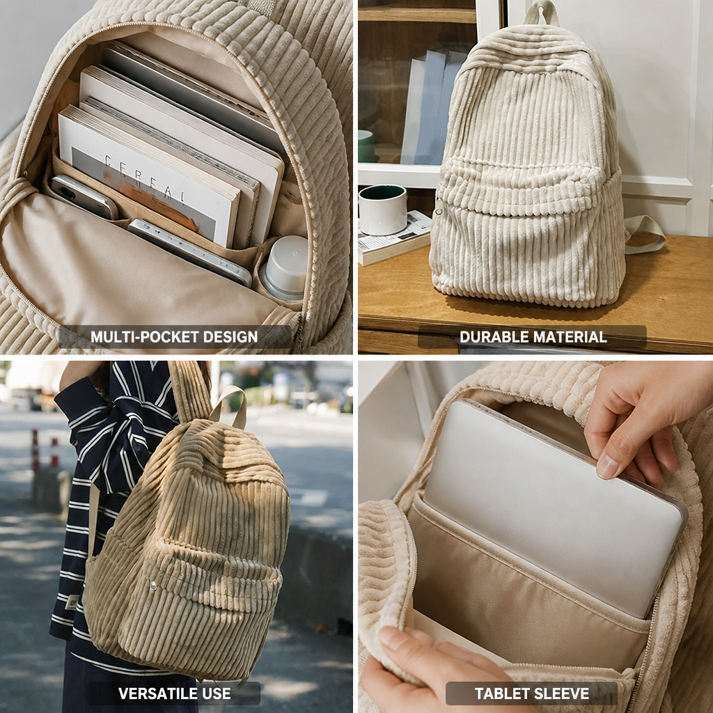 Durable Corduroy Multi-Pocket Backpack (Tablet Sleeve)