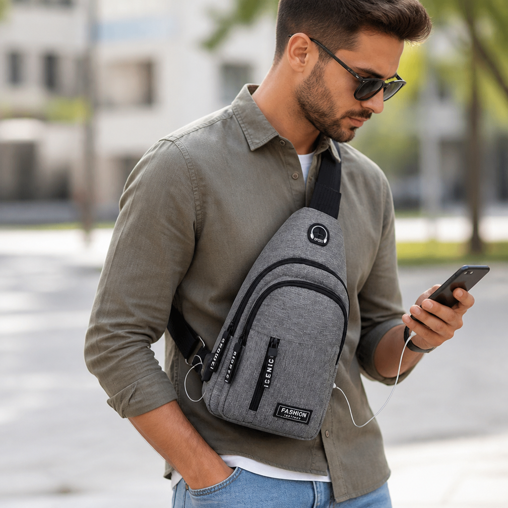 Multiple-Compartment Water-Repellent Sling Bag (USB Port)