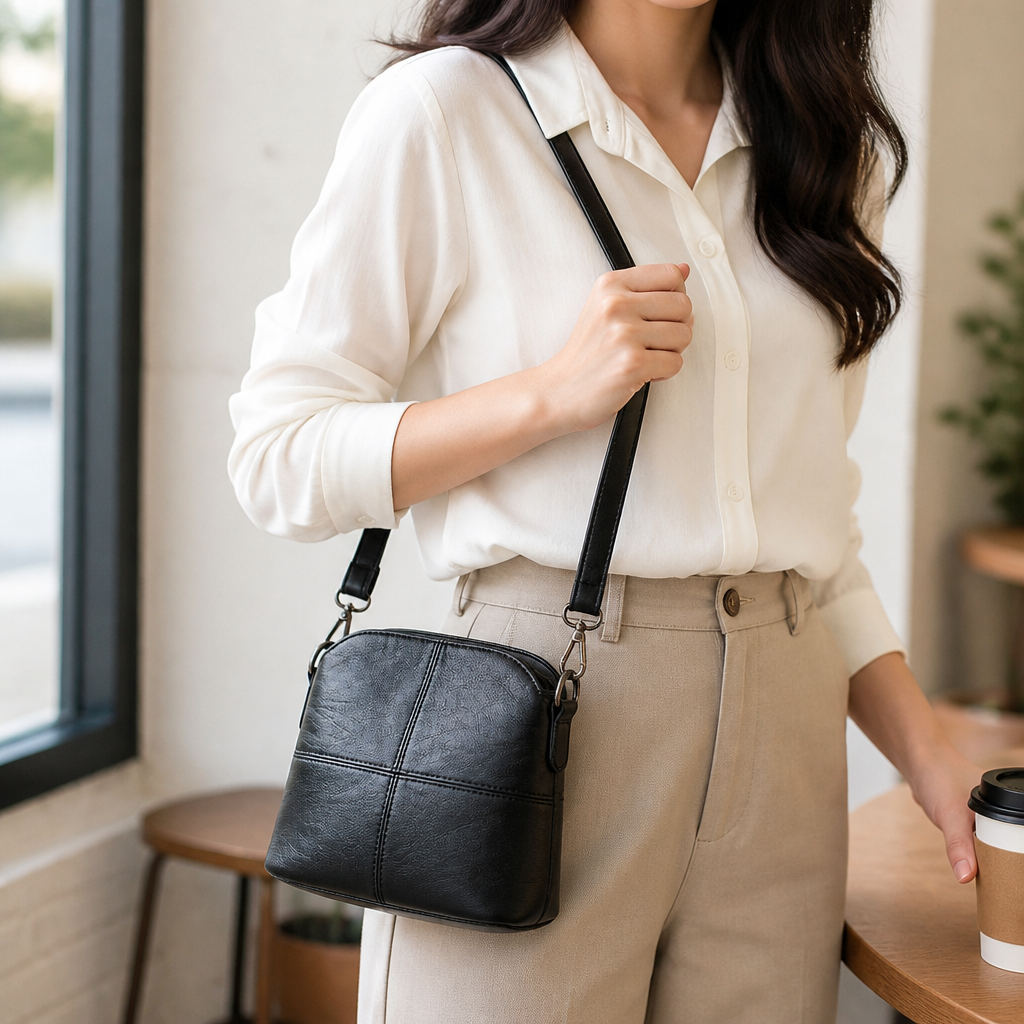 Compact Premium PU Leather Stitch-Detail Multi-Pocket Crossbody Bag