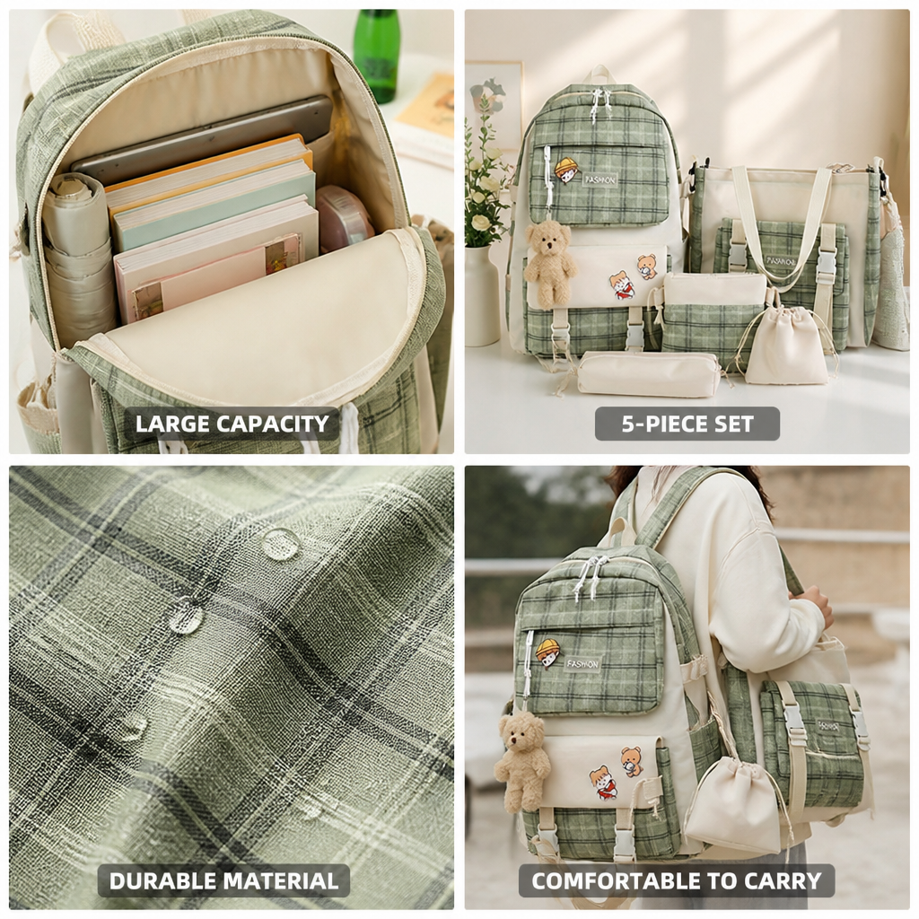 Large Capacity Minimalist Plaid Backpack Set (Set of 5)