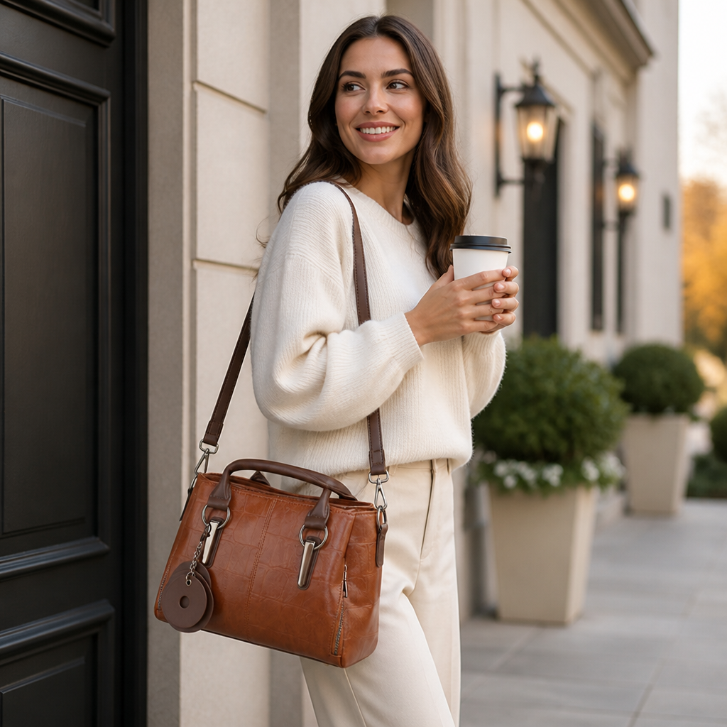 Genuine Leather Embossed Croc Boston Handbag (Removable Strap)