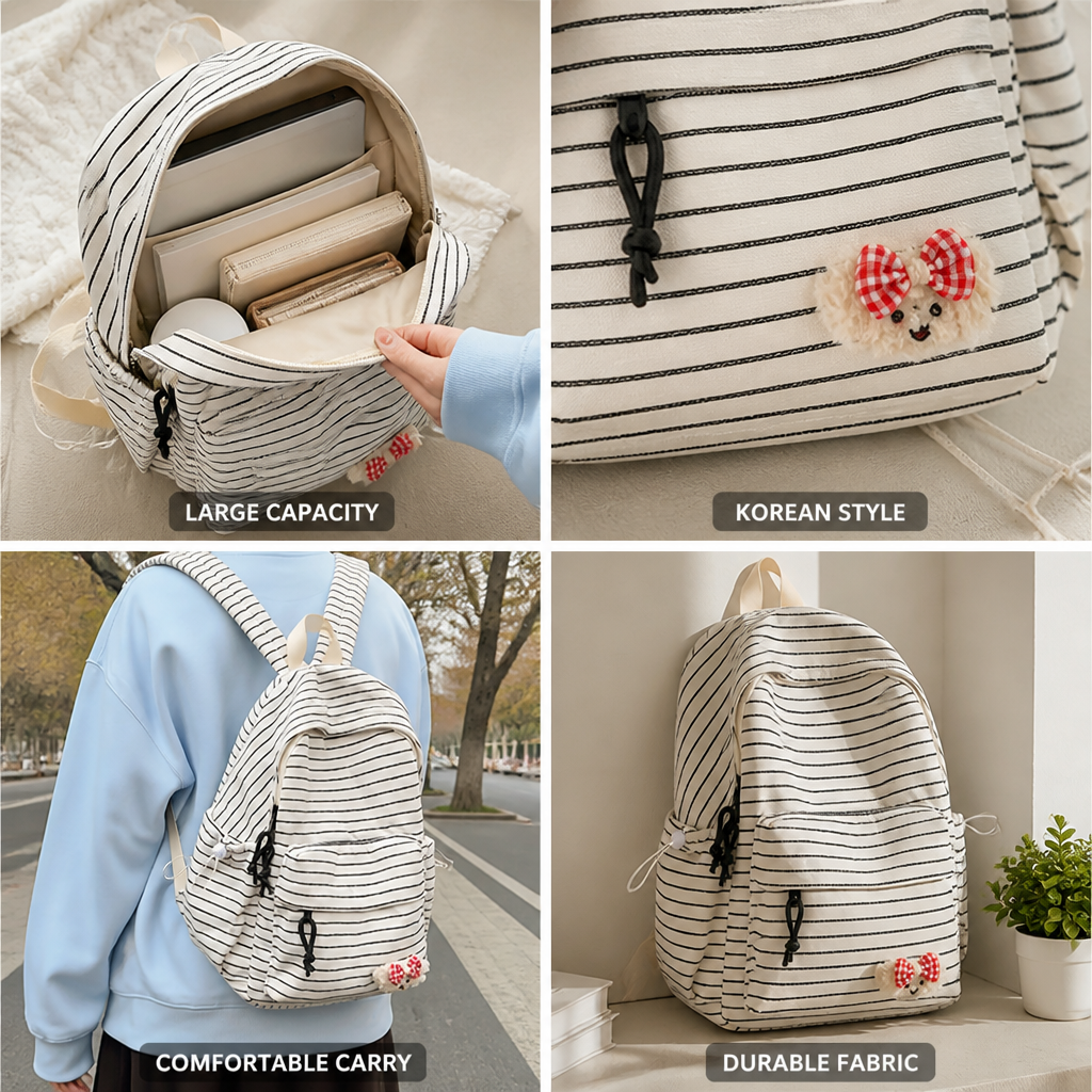 Large-Capacity Korean-Style Striped Puppy Print Backpack