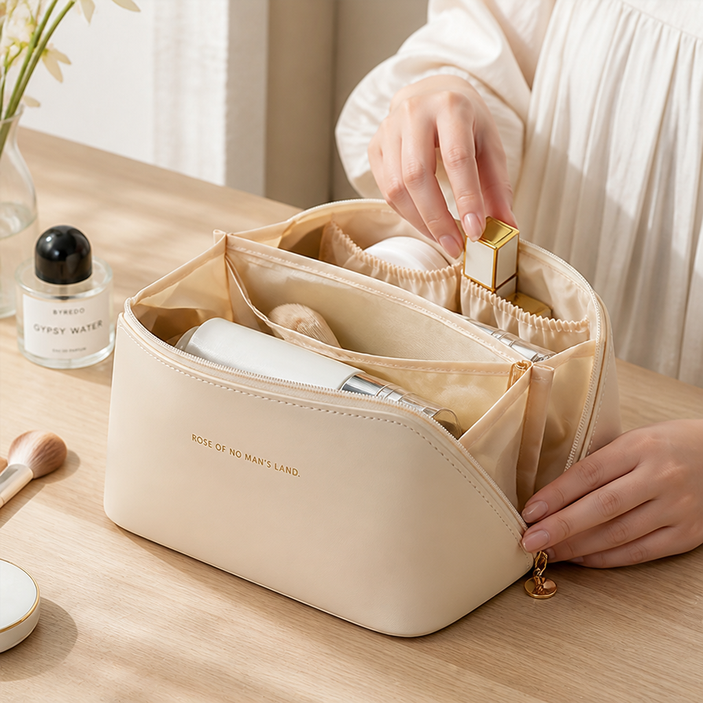 Waterproof PU Leather Zip-Closure Travel Makeup Organizer