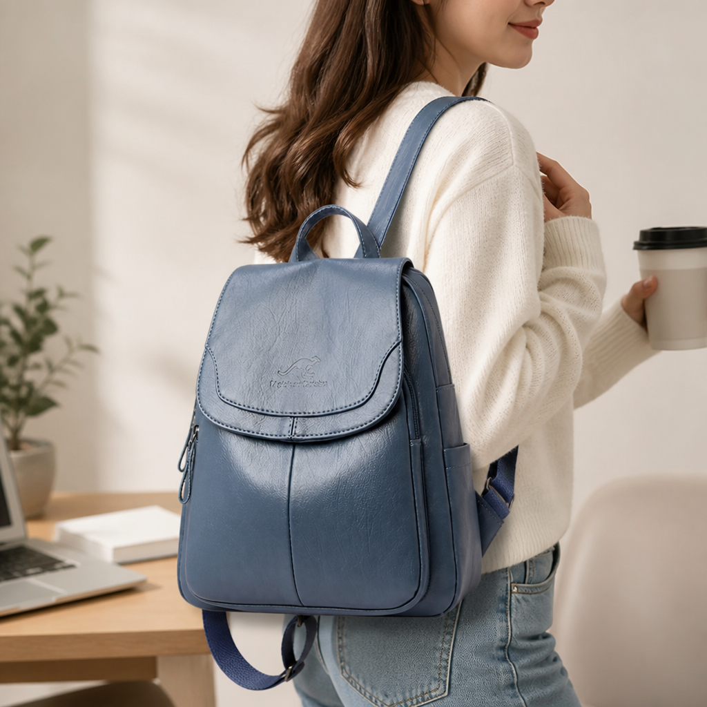 Anti-Theft Embossed Leather Backpack