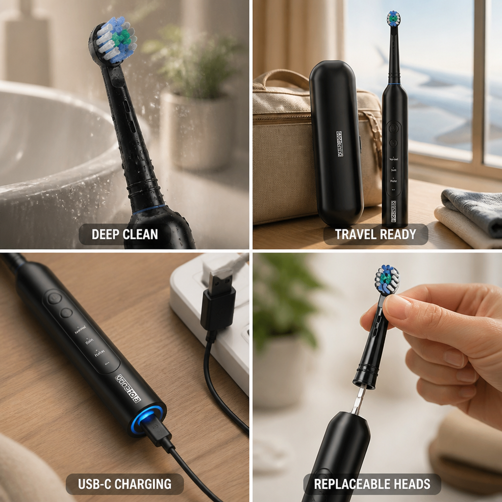 Multi-Mode Electric Toothbrush with USB-C Charging – Interchangeable Brush Heads