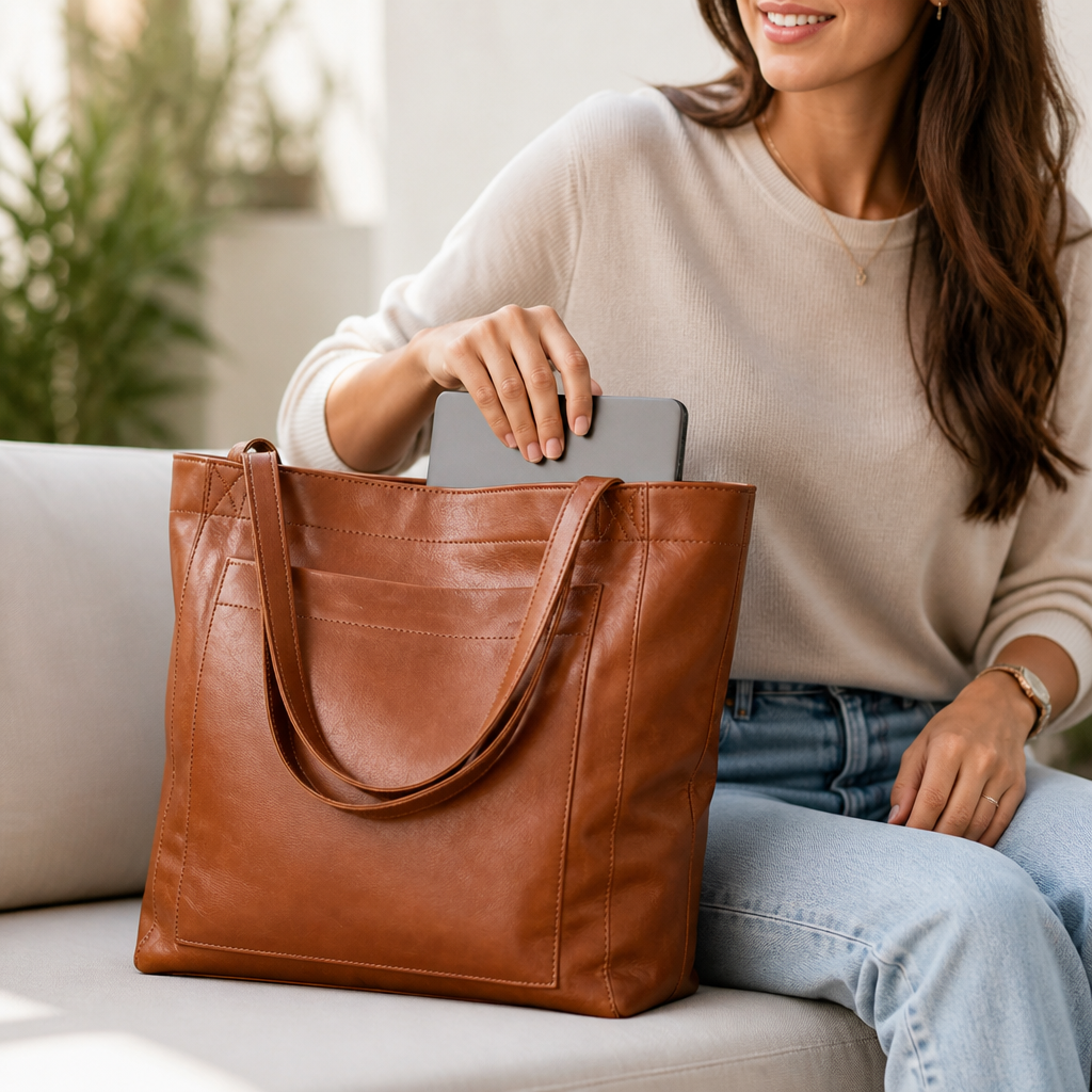 Genuine Leather Exterior Pockets & Interior Organizer Tote Bag