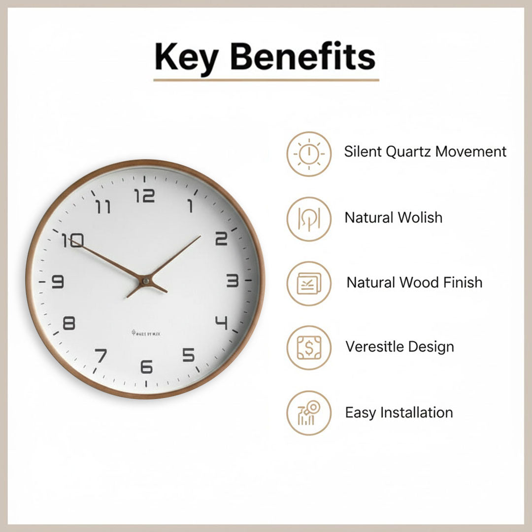 Wooden Wall Clock in Minimalist Design – Silent Operation