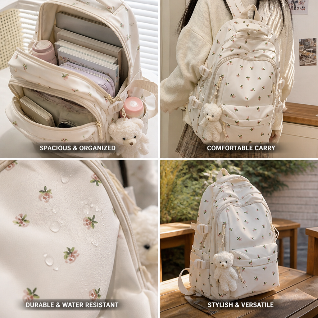 Large Capacity Rose Print Backpack (Teddy Bear Charm)
