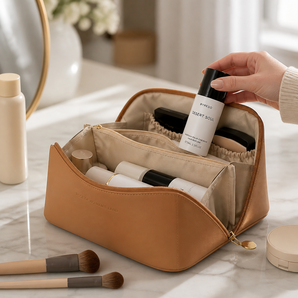 Premium PU Leather Multi-Compartment Cosmetic Bag (Travel-Ready)
