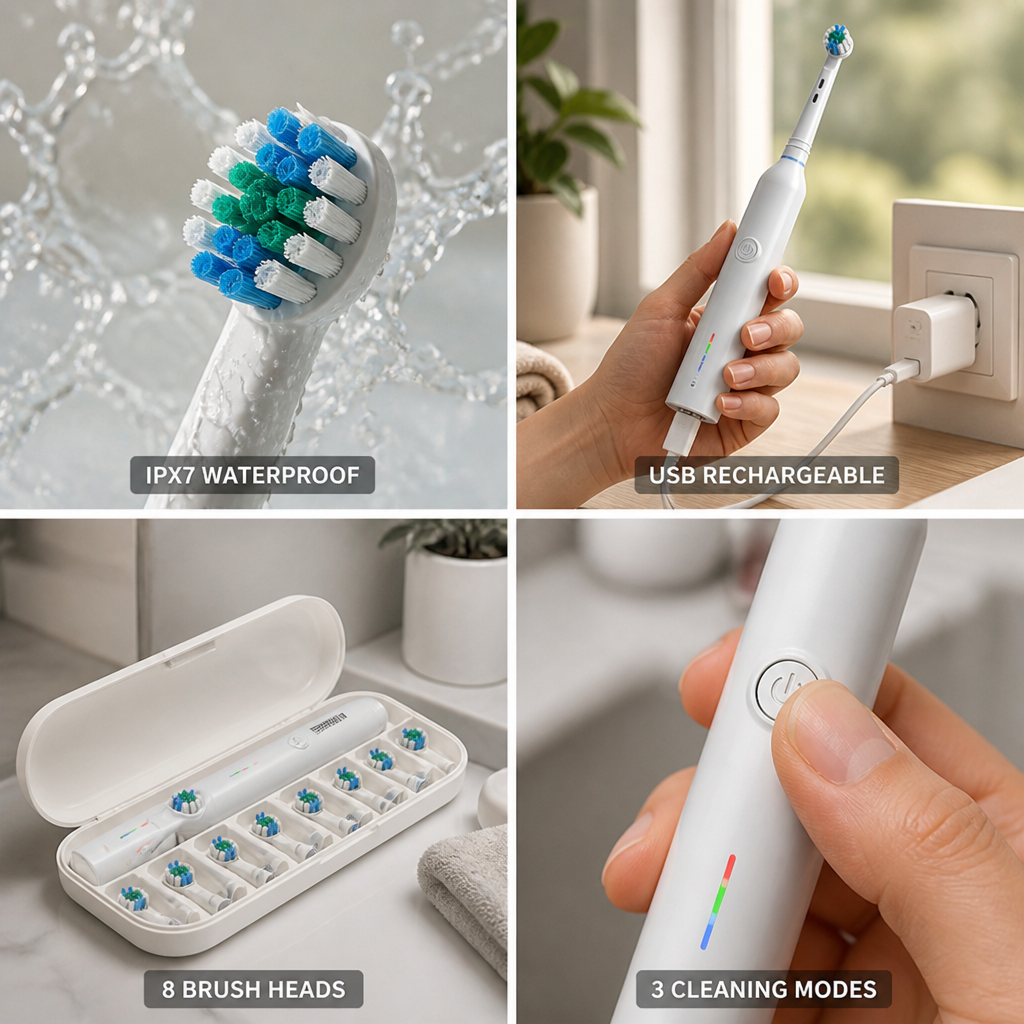 USB Rechargeable IPX7 Electric Toothbrush (8 Brush Heads)