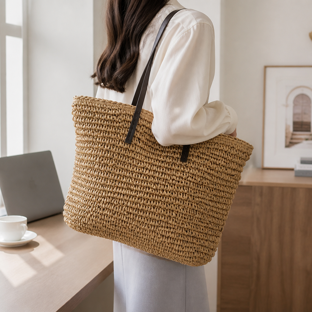 Spacious Woven Tote Bag (Magnetic Closure)