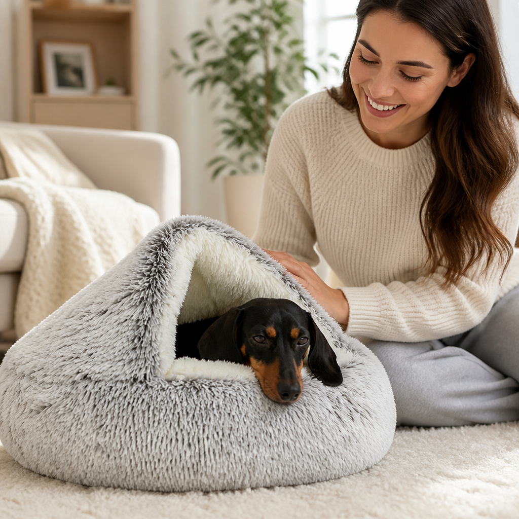 Calming Plush Polyester Cave Pet Bed (Machine-Washable Cover)