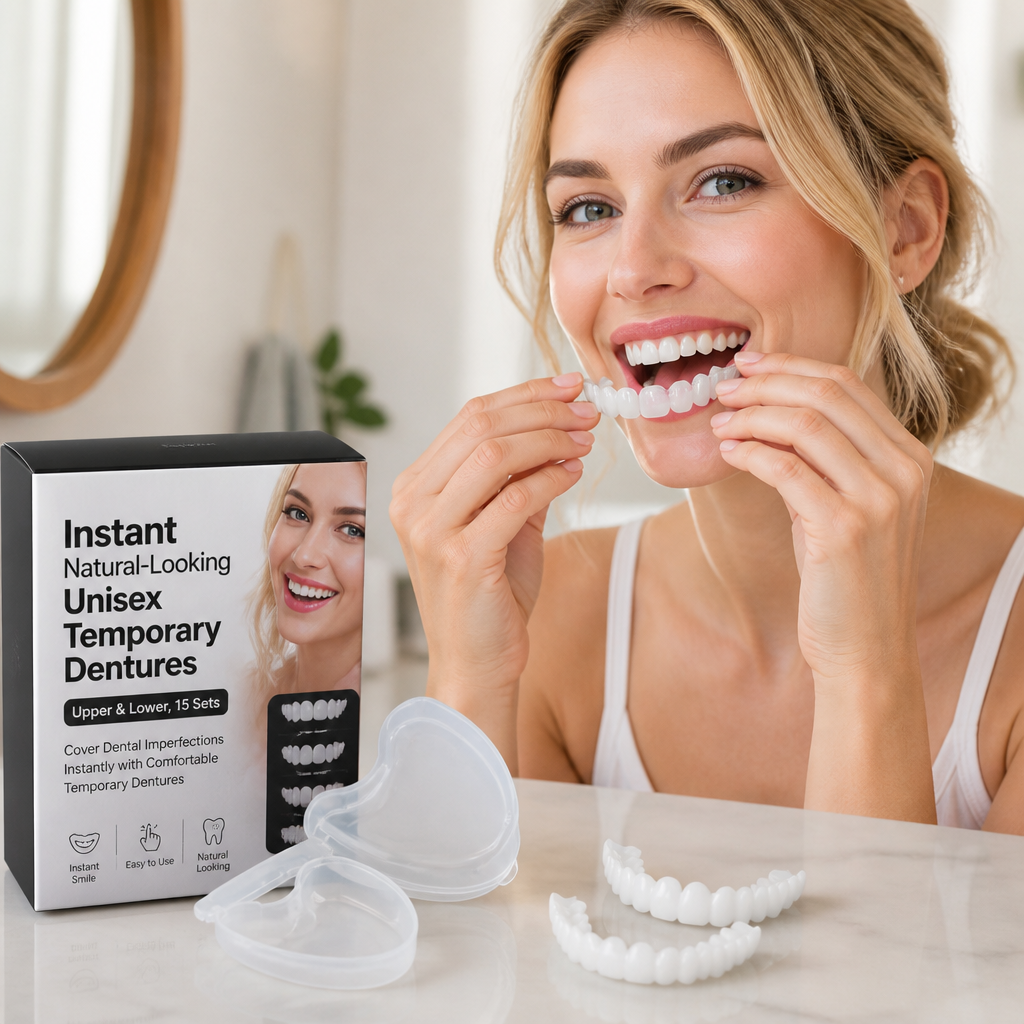 Instant Natural-Looking Unisex Temporary Dentures (Upper & Lower, 15 Sets)