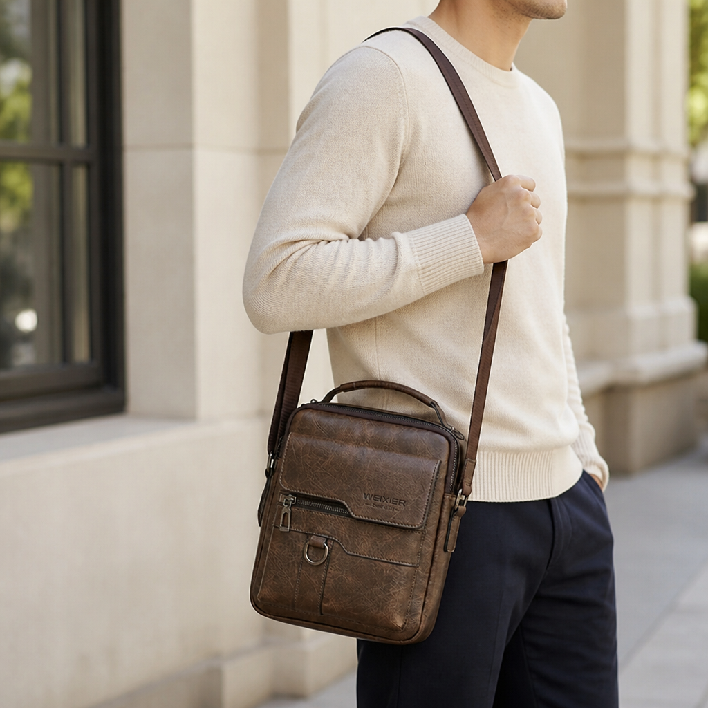 Genuine Leather Front-Pocket Crossbody Bag (Adjustable Strap)