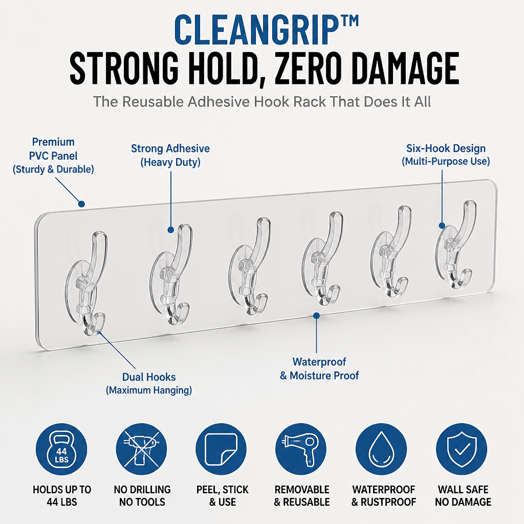 CleanGrip™ — Hang 44 lbs of Clutter Without Drilling a Single Hole