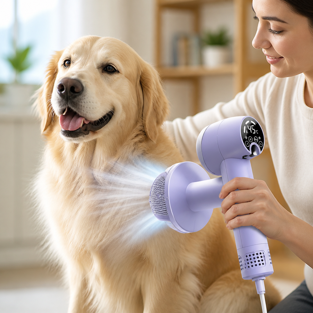 Adjustable-Temperature 2-in-1 Dog Hair Dryer & Slicker Brush