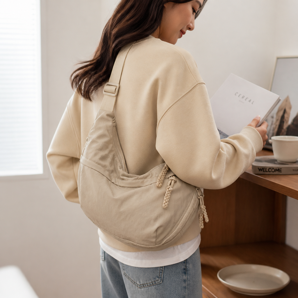 Smart-Compartment Water-Repellent Nylon Shoulder Bag