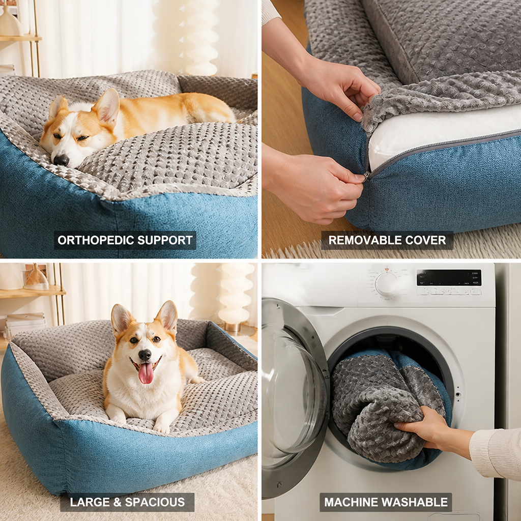 Orthopedic Foam Plush Bolster Dog Bed (Removable Washable Cover)