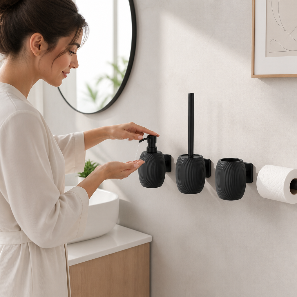 Black Ribbed Stainless Steel Wall-Mount Bathroom Set (4-Piece)