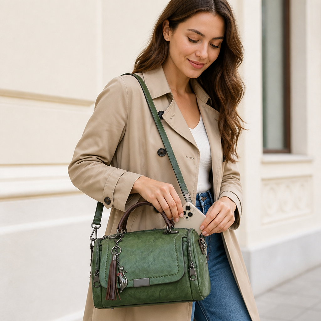 Tassel-Trim Faux Leather Convertible Shoulder Bag