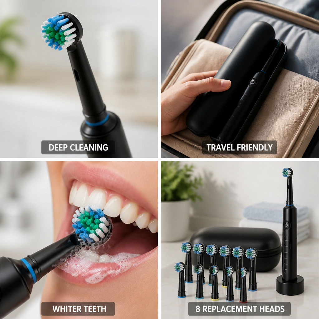 Electric Toothbrush with Rotating Whitening Action – 8 Replacement Heads + Travel Case