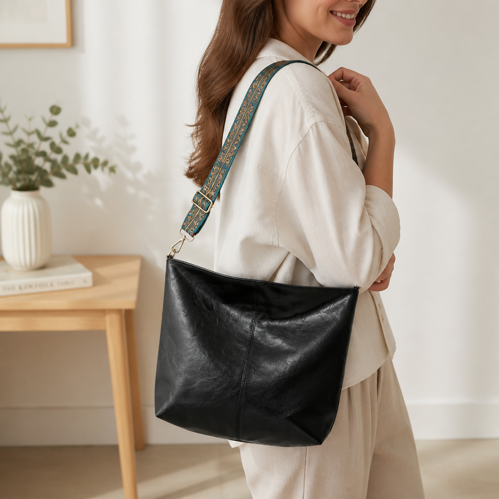 Aged-Look Leather Bohemian Strap Hobo Bag