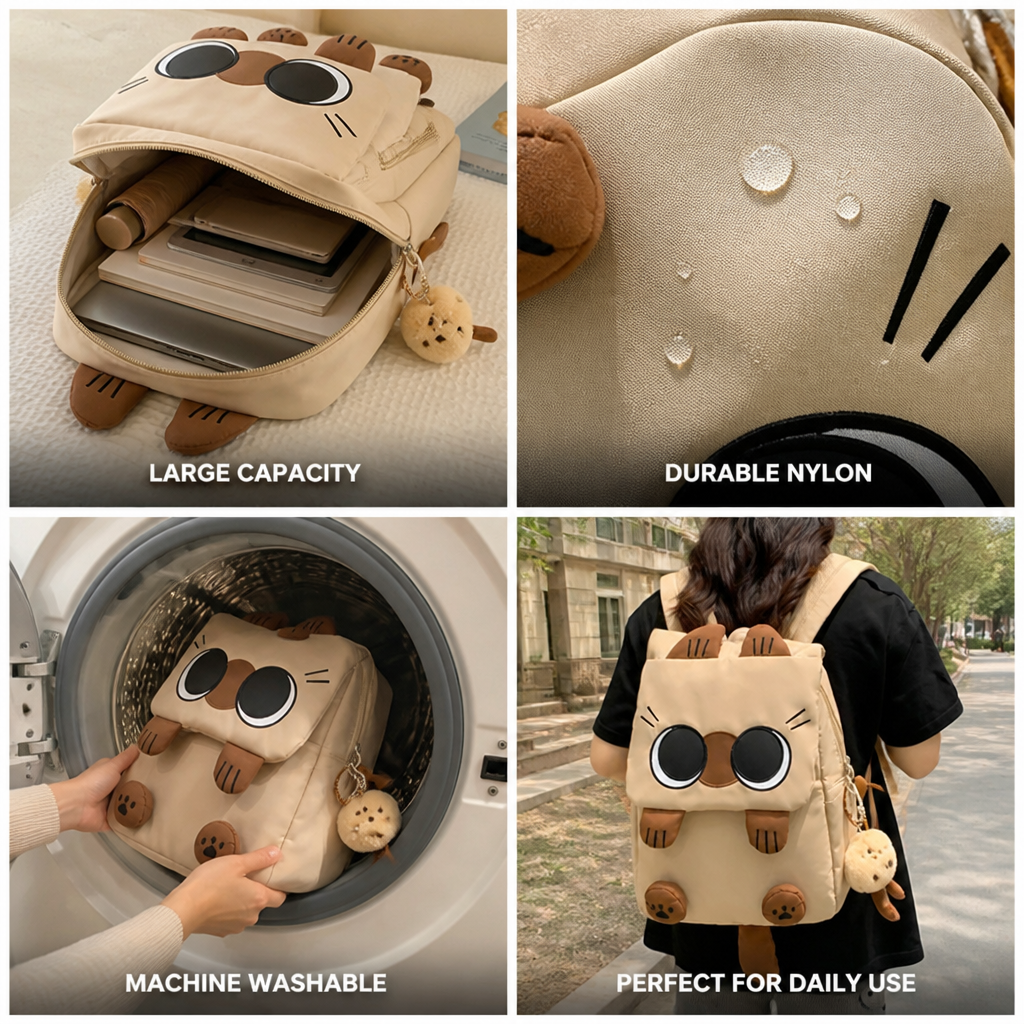 Large Capacity Cartoon Cat Nylon Backpack (Machine-Washable)