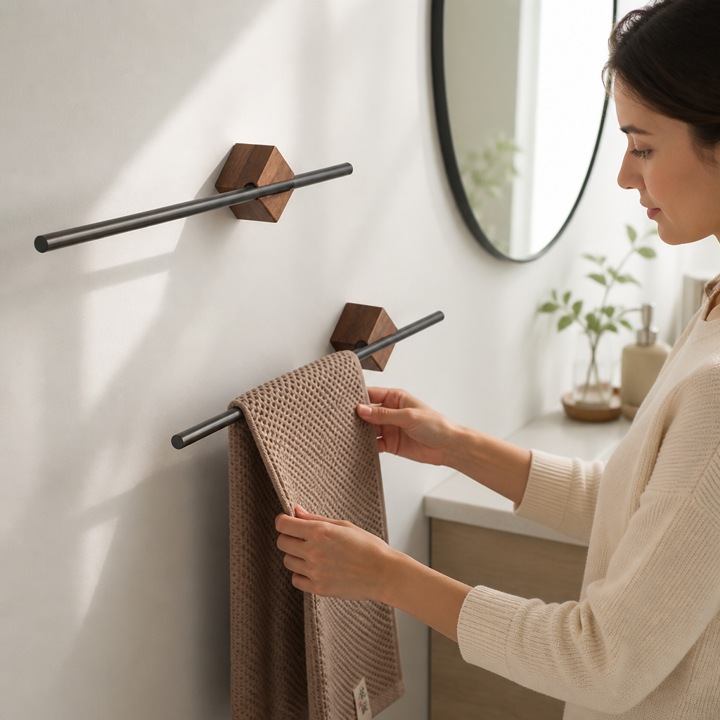 Natural Wood & Stainless Steel Towel Rack (Wall-Mount)