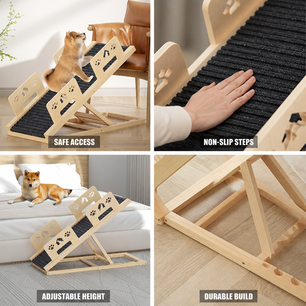 4-Level Adjustable Non-Slip Natural Wood Pet Ramp (For Beds & Sofas)
