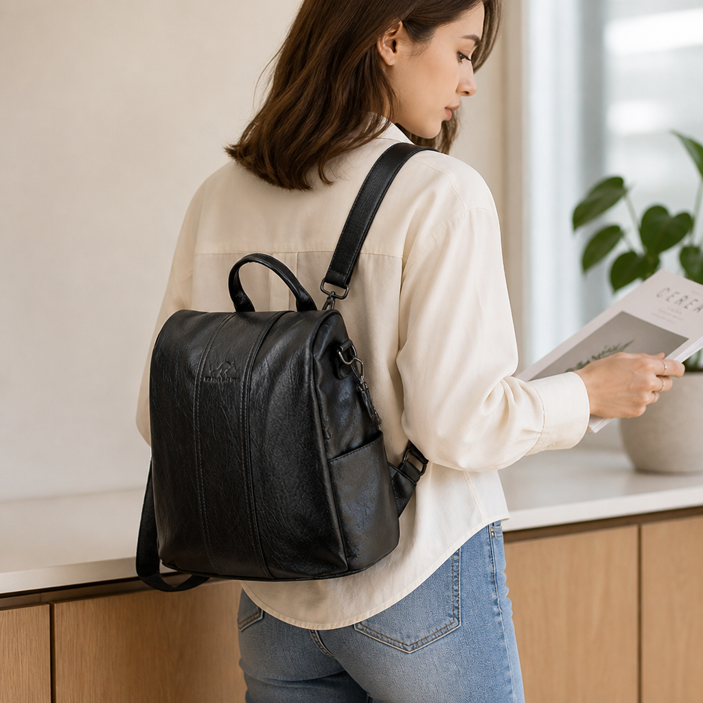 Anti-Theft Rear Zip Water-Repellent Faux Leather Convertible Backpack