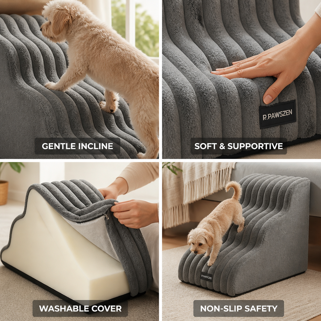 Plush Non-Slip High-Resilience Sponge Dog Stairs (Removable Washable Cover)