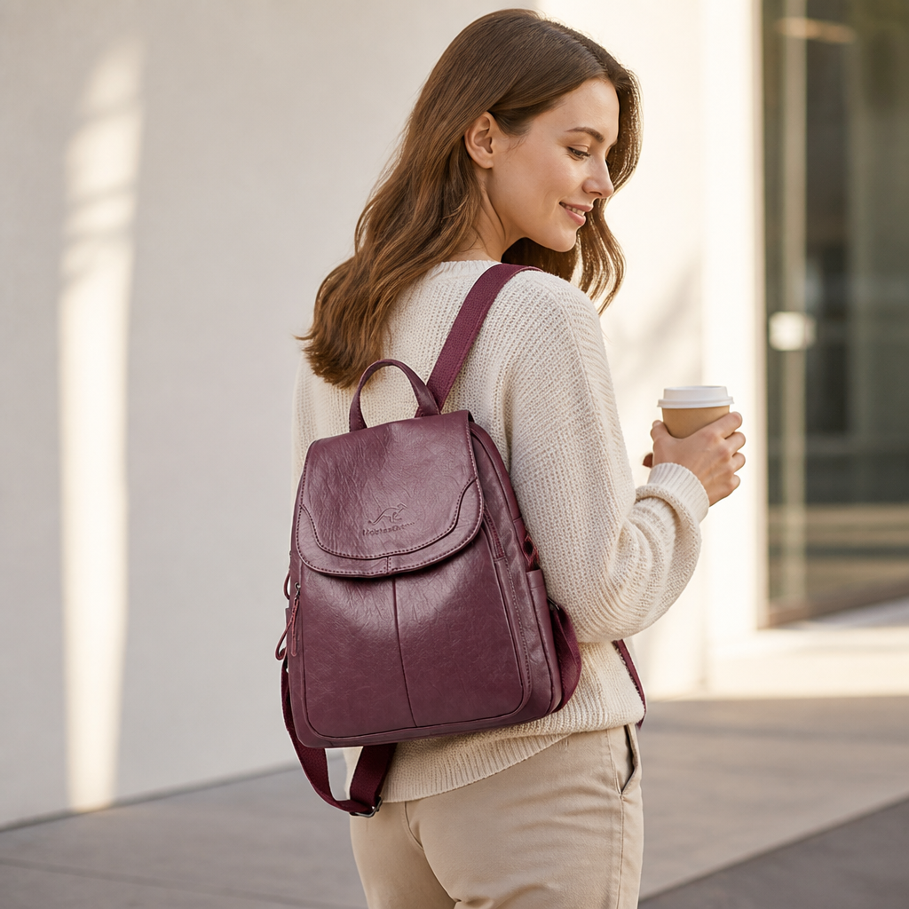 Durable Faux Leather Flap-Top Backpack