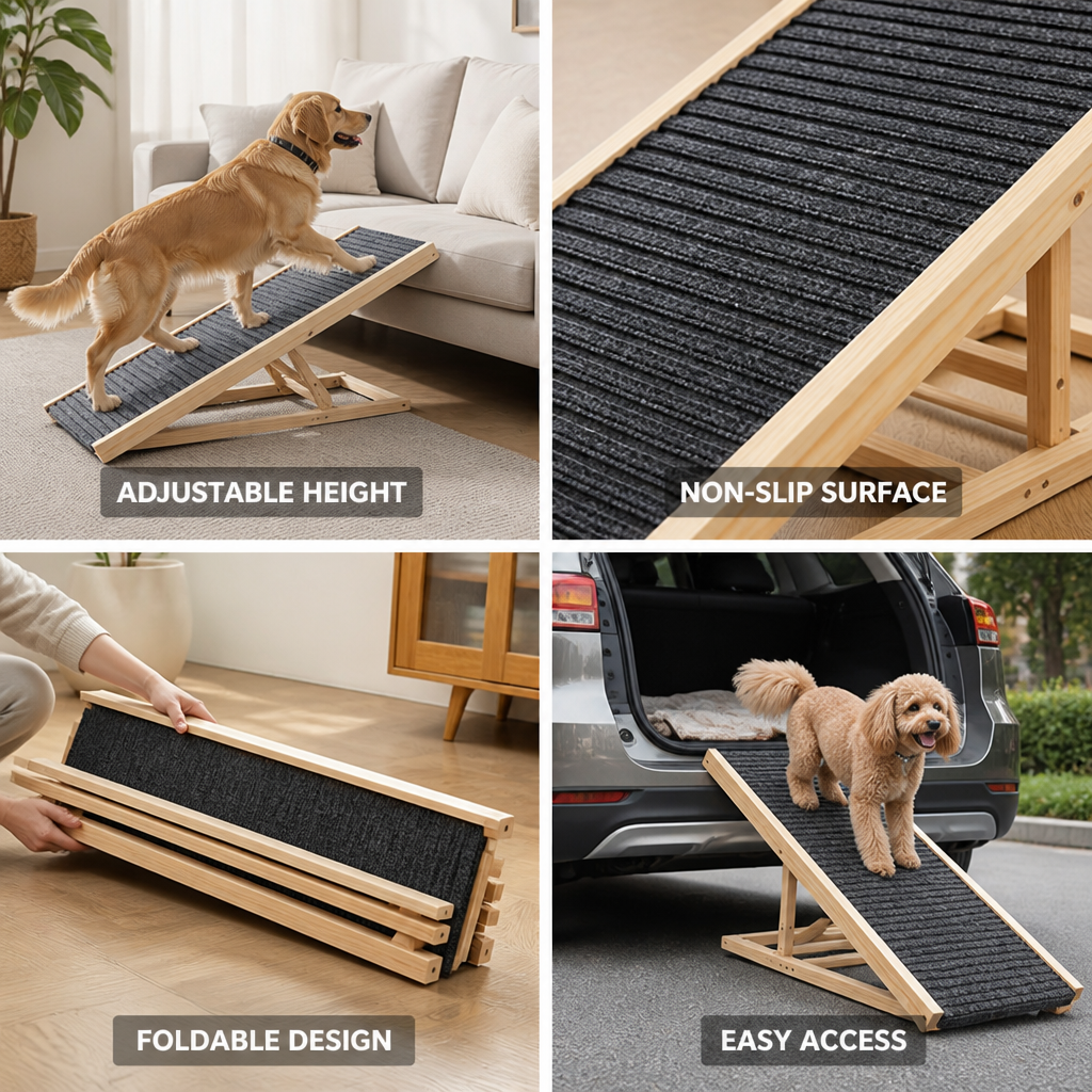 Foldable Adjustable Wooden Pet Ramp (Non-Slip Carpet)