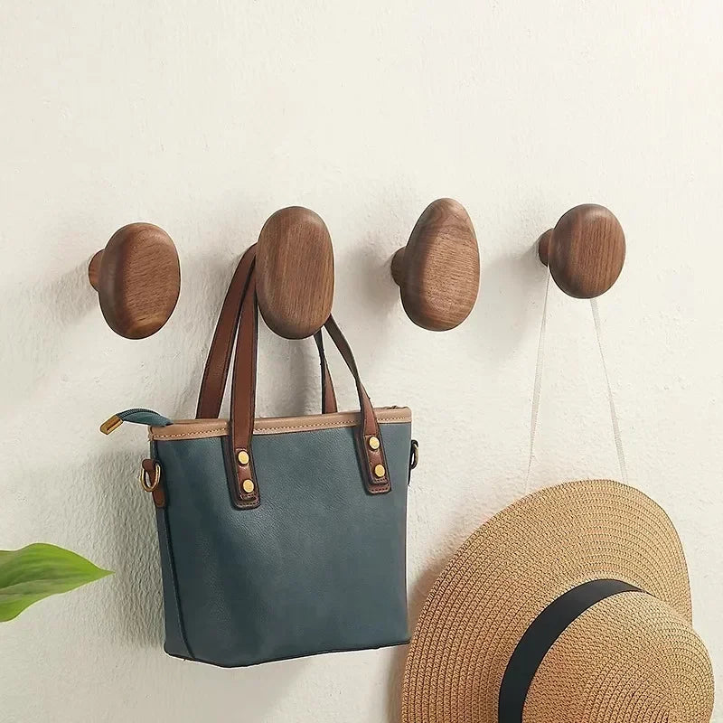 Set of 4 Natural Wooden Pebble Wall Hooks for Minimalist Decor